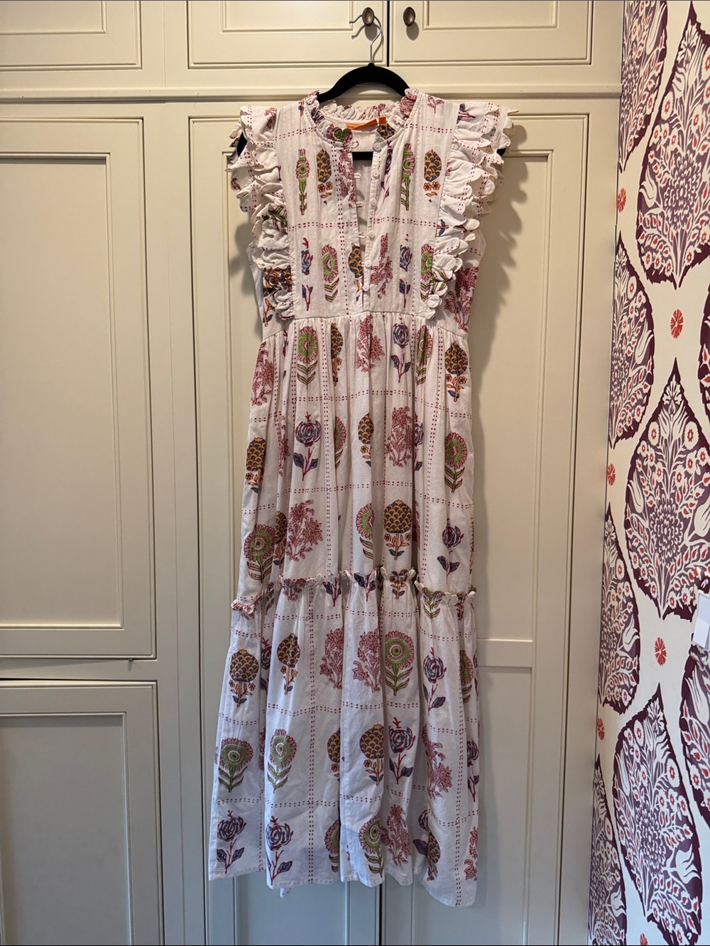 Oliphant White Floral Ruffle Maxi Dress with Pink & Green Accents